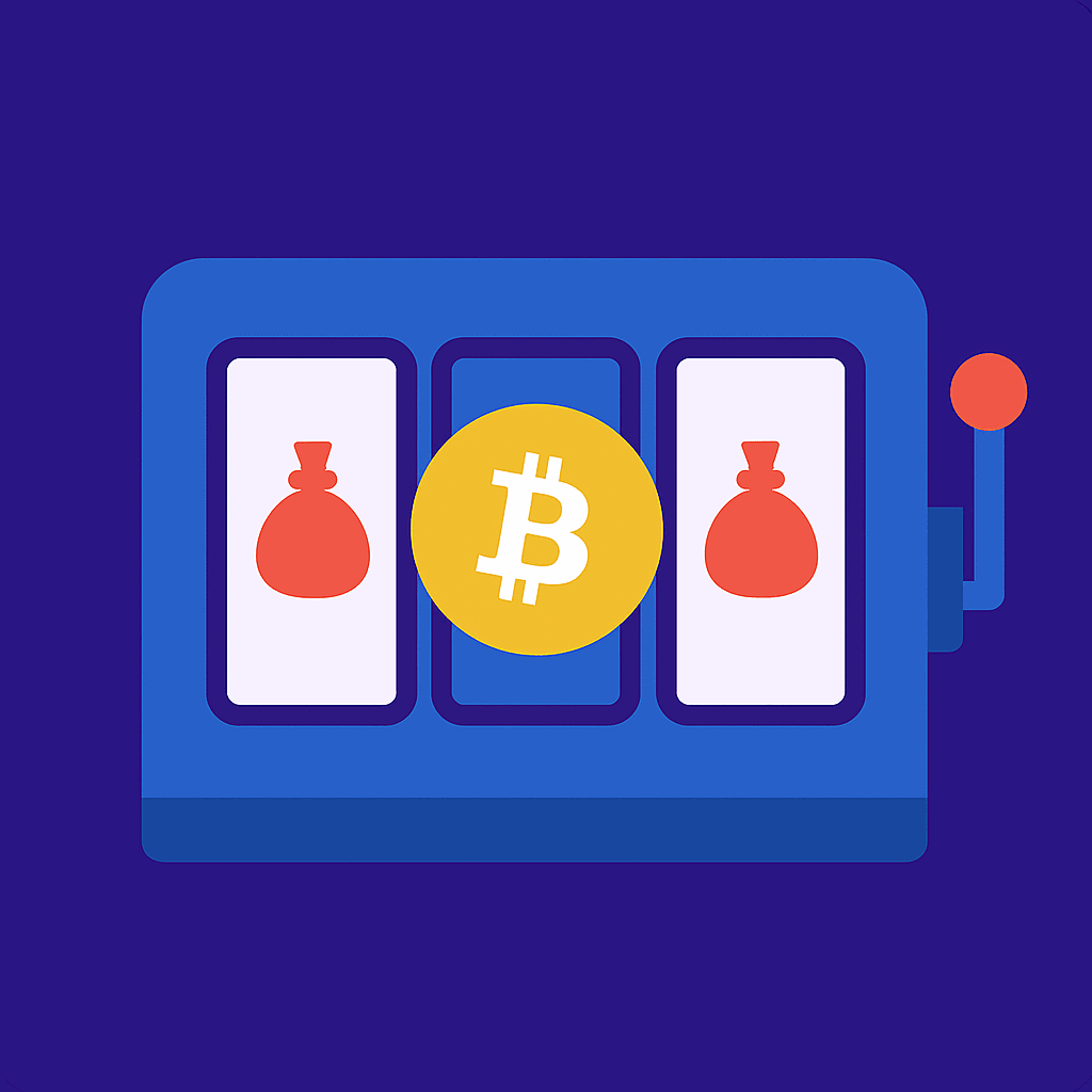 Slot machine icon with Bitcoin symbol on purple background