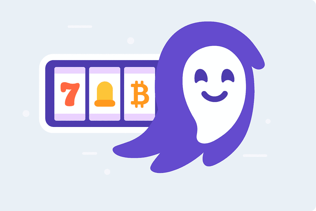 Ghost slot machine with crypto bonus icon on light background