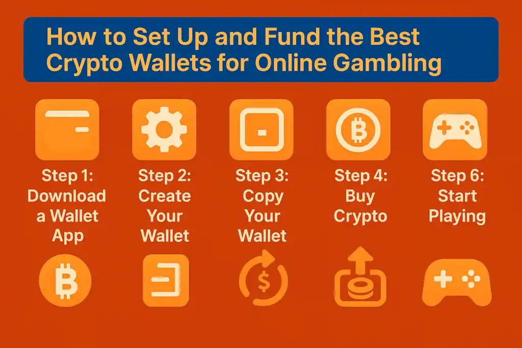 Step-by-step setup guide for the best crypto wallets for online gambling in 2025 with icons and secure wallet tips.