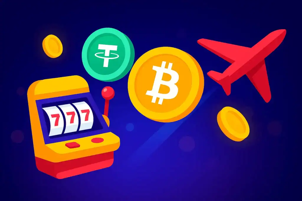 Illustration showing Bitcoin, USDT, airplane, and slot machine – highlighting the benefits of Crypto Gambling Sites in 2025 like no KYC, fast withdrawals, and mobile-friendly gaming.